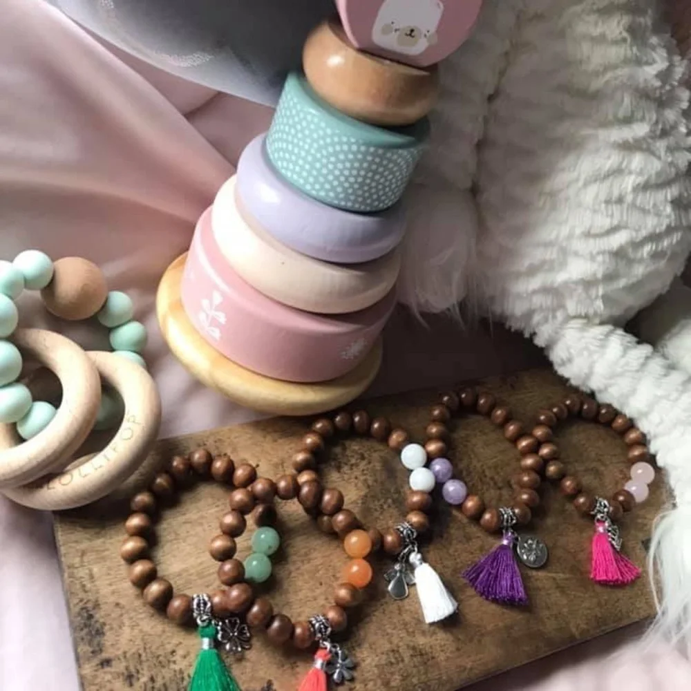 Wood and moonstone angel charm bracelet
